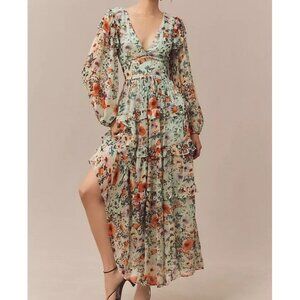 BHLDN Floral Chiffon Plunge Long Sleeve Ruffle Maxi Dress Womens M Cottagecore